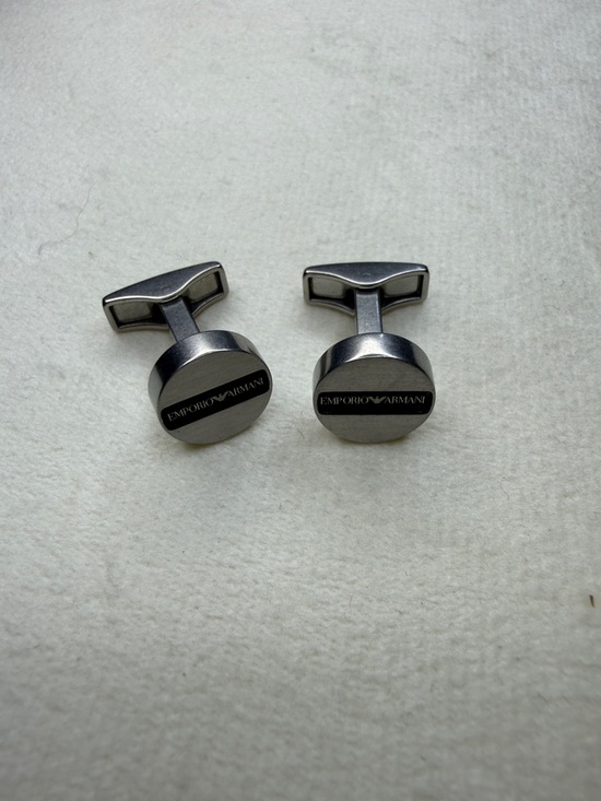 Emporio Armani Silver and Black Round Logo Cufflinks